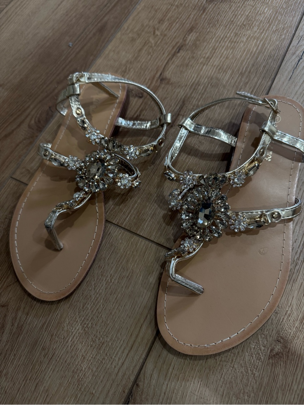 Women's Gold Jeweled T-Strap Sandals